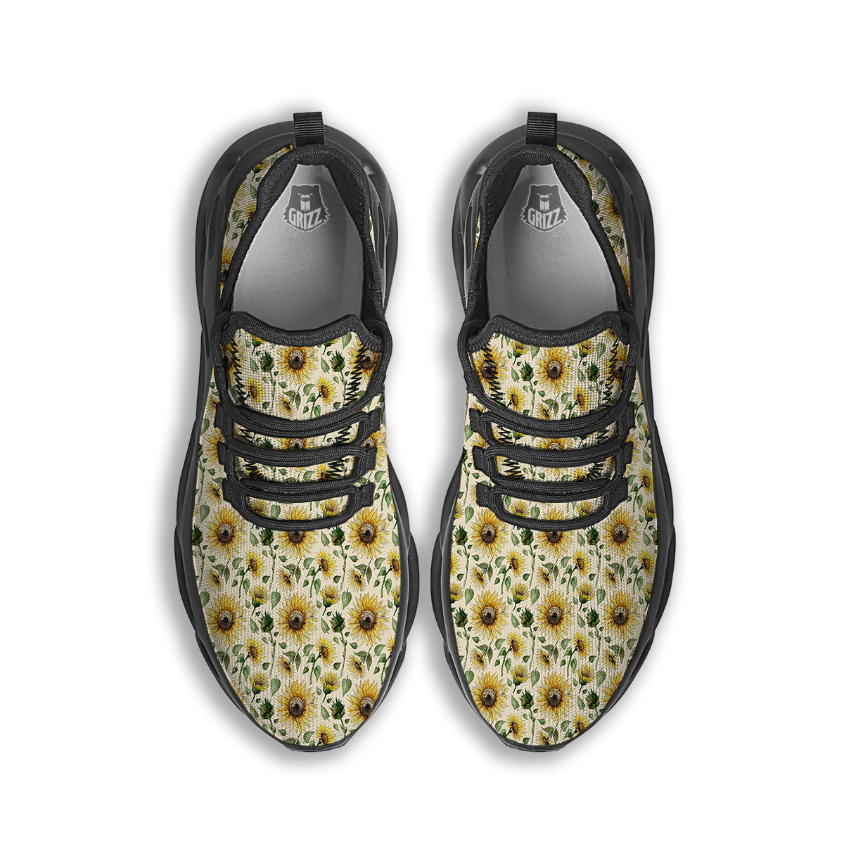 Watercolor Sunflower Beige Print Pattern Black Running Shoes-grizzshop