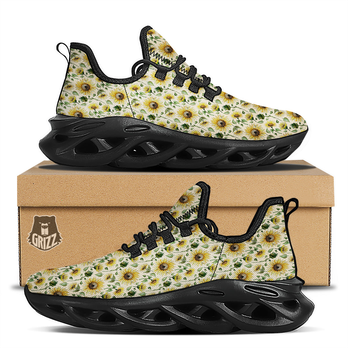 Watercolor Sunflower Beige Print Pattern Black Running Shoes-grizzshop