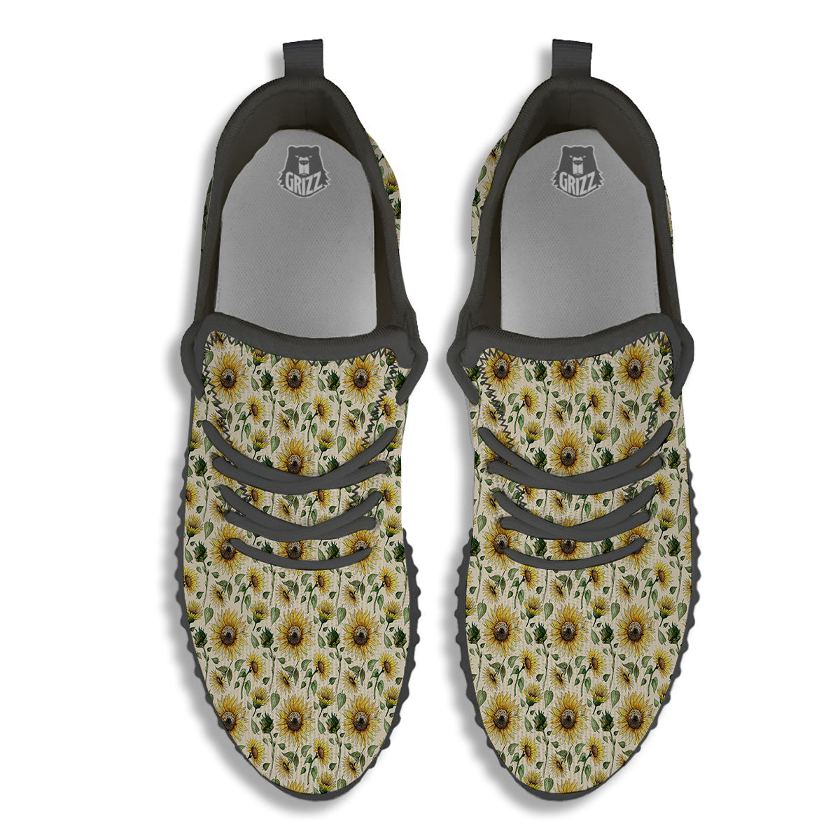 Watercolor Sunflower Beige Print Pattern Black Walking Shoes-grizzshop