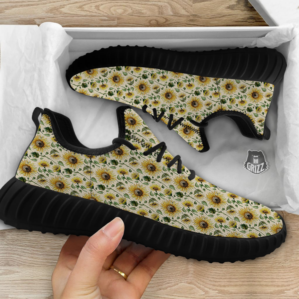 Watercolor Sunflower Beige Print Pattern Black Walking Shoes-grizzshop