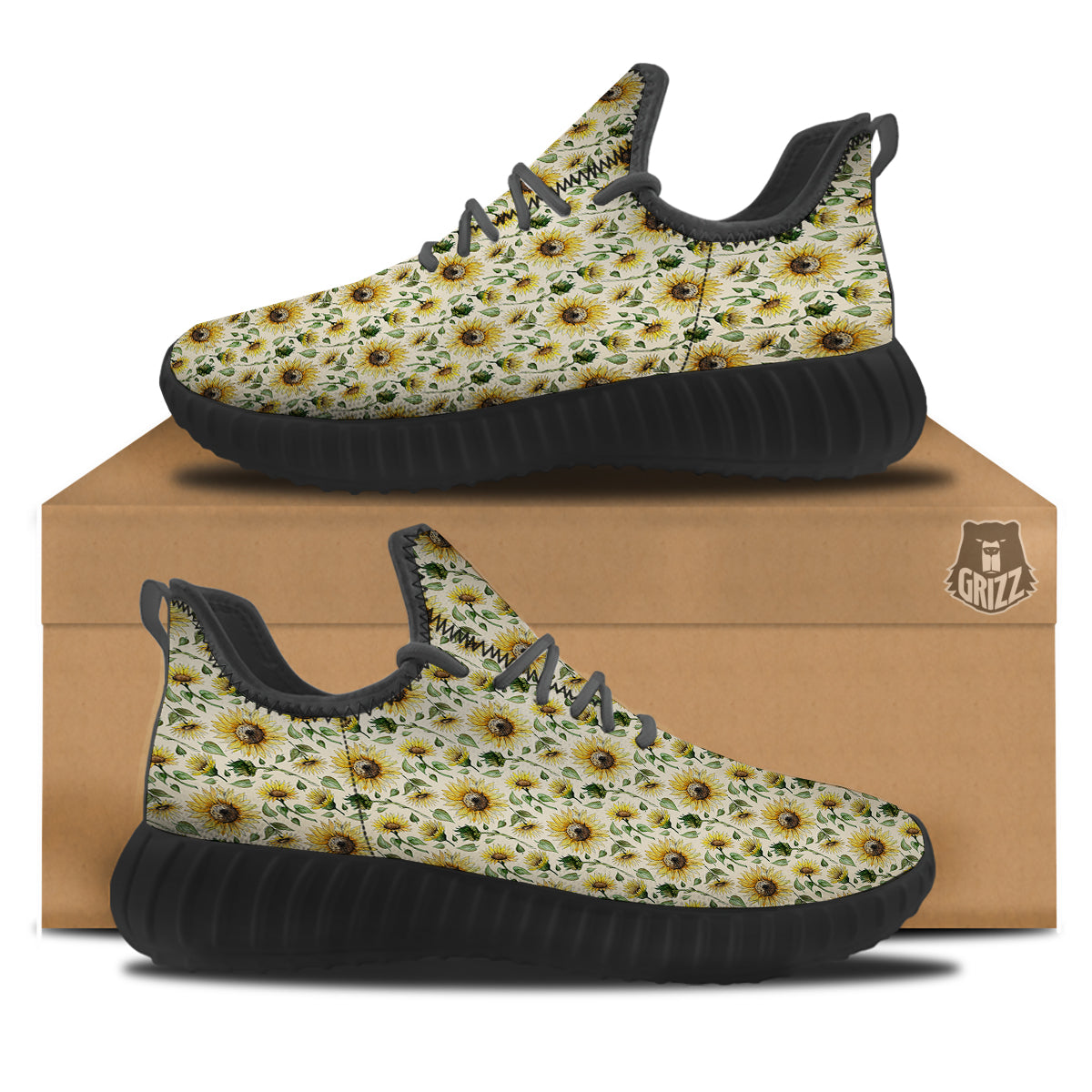 Watercolor Sunflower Beige Print Pattern Black Walking Shoes-grizzshop