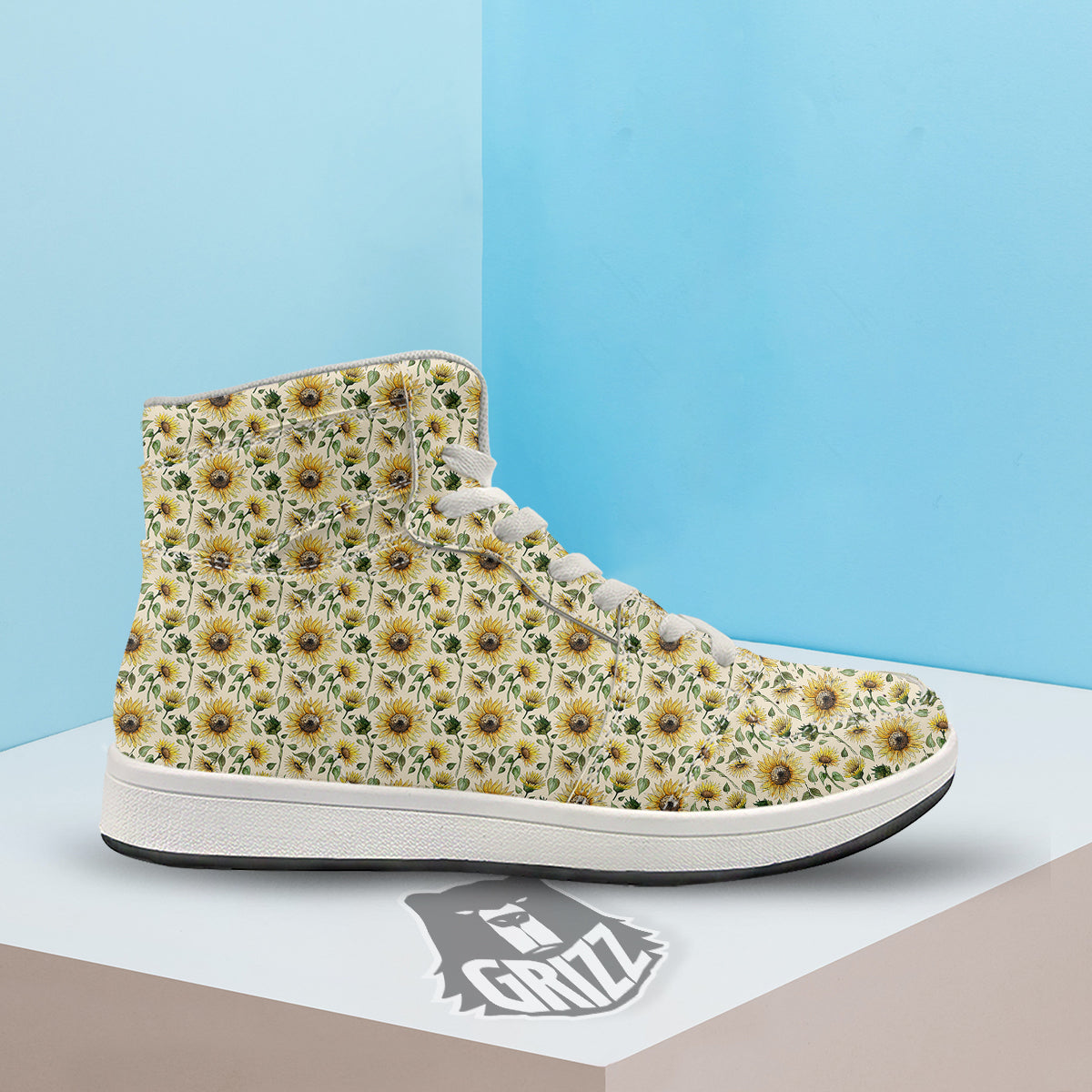 Watercolor Sunflower Beige Print Pattern High Top Sneakers-grizzshop