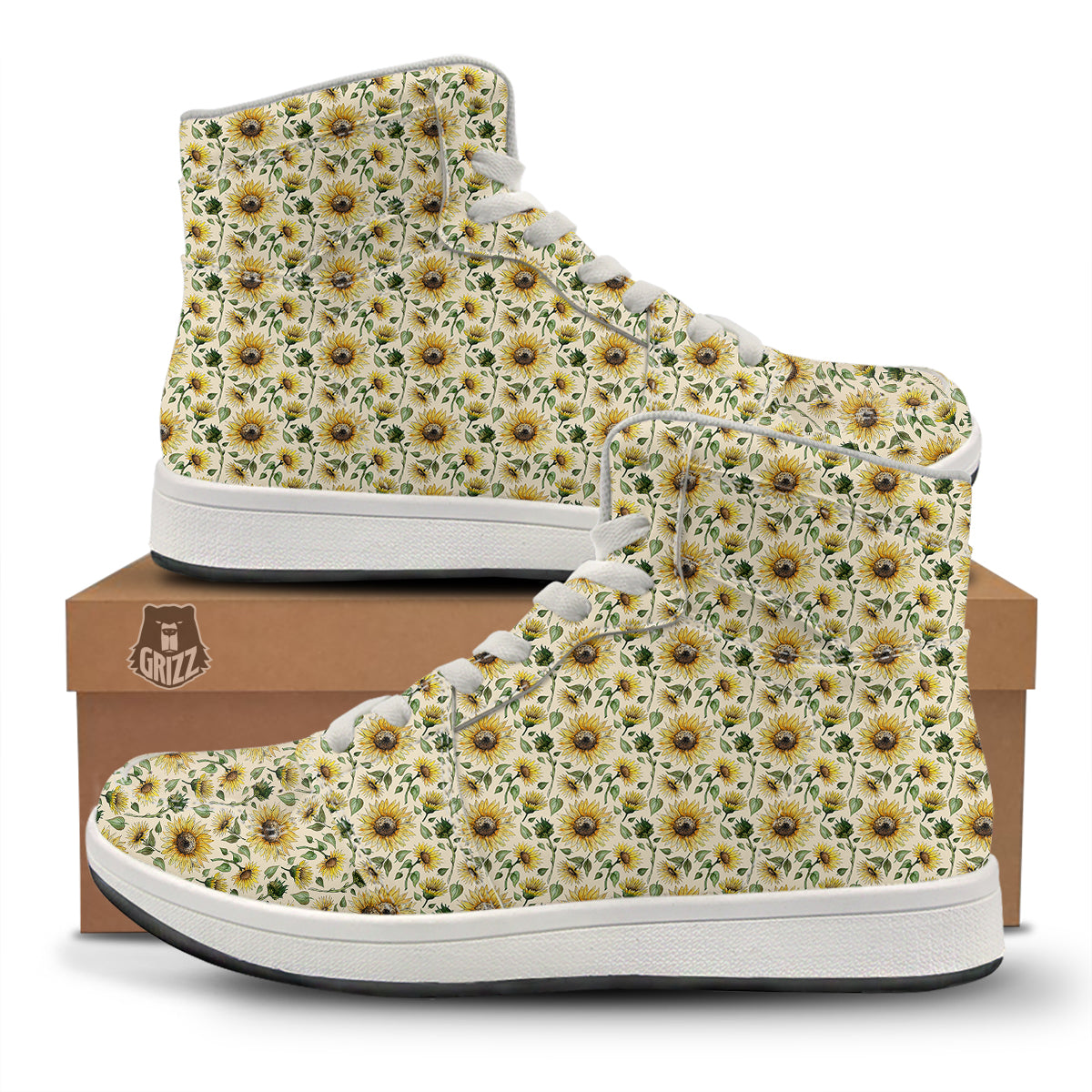 Watercolor Sunflower Beige Print Pattern High Top Sneakers-grizzshop