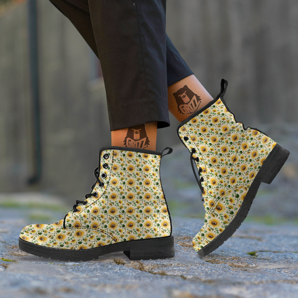 Watercolor Sunflower Beige Print Pattern Leather Boots-grizzshop