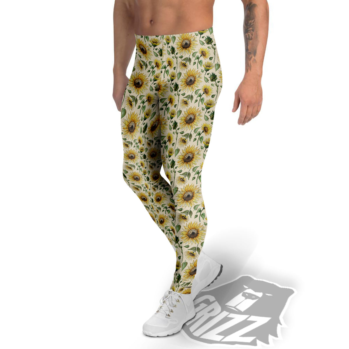 Watercolor Sunflower Beige Print Pattern Men's Leggings-grizzshop