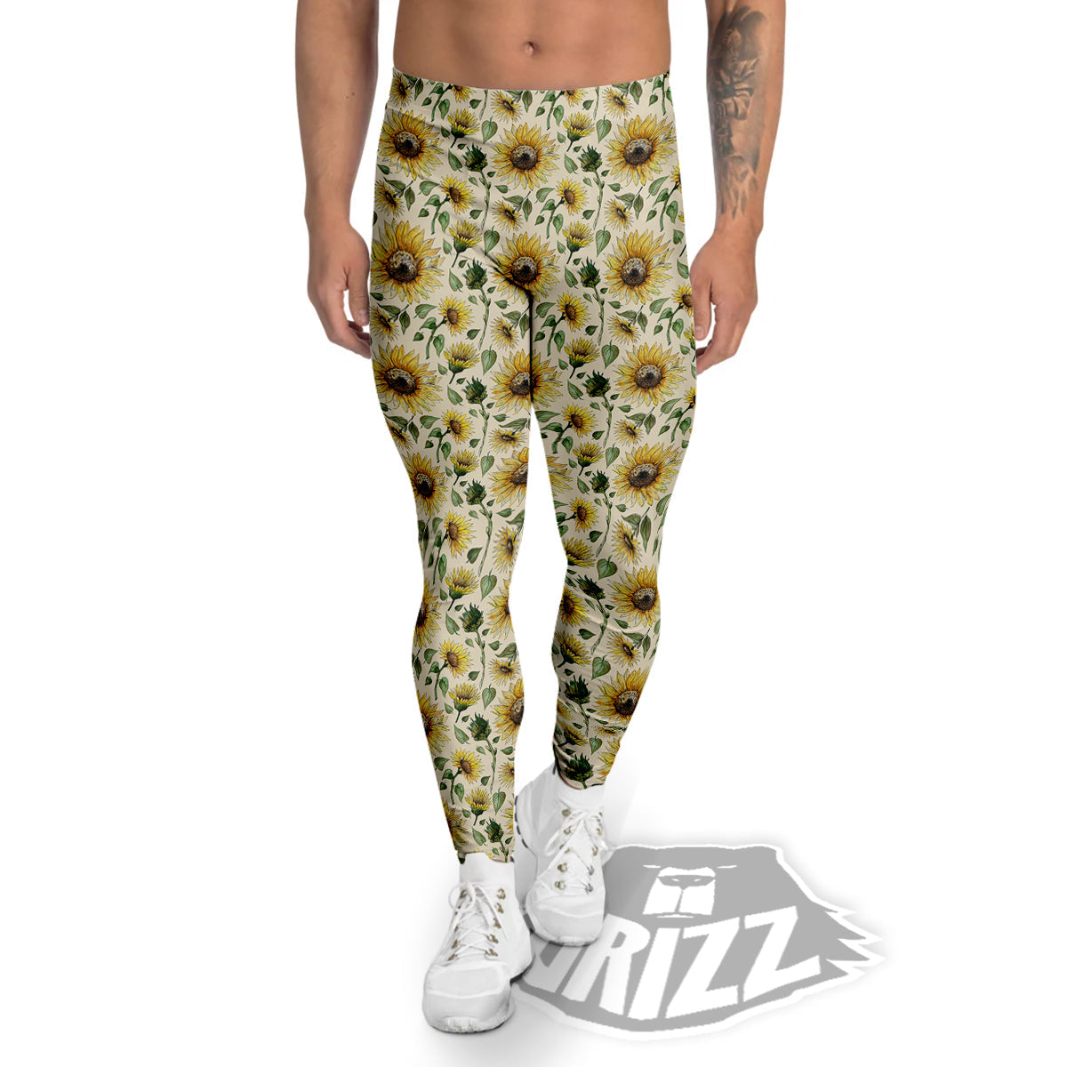 Watercolor Sunflower Beige Print Pattern Men's Leggings-grizzshop