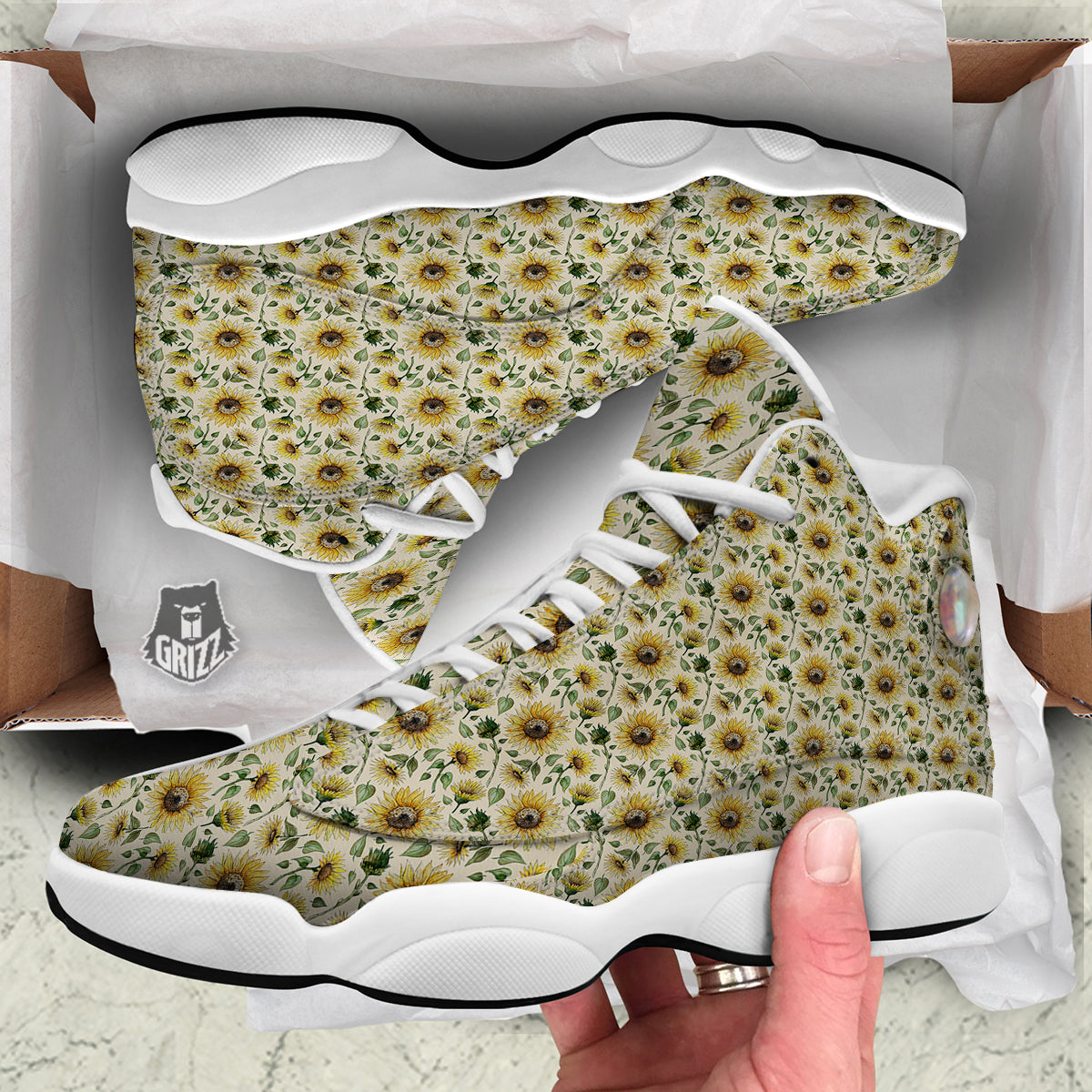 Watercolor Sunflower Beige Print Pattern White Basketball Shoes-grizzshop