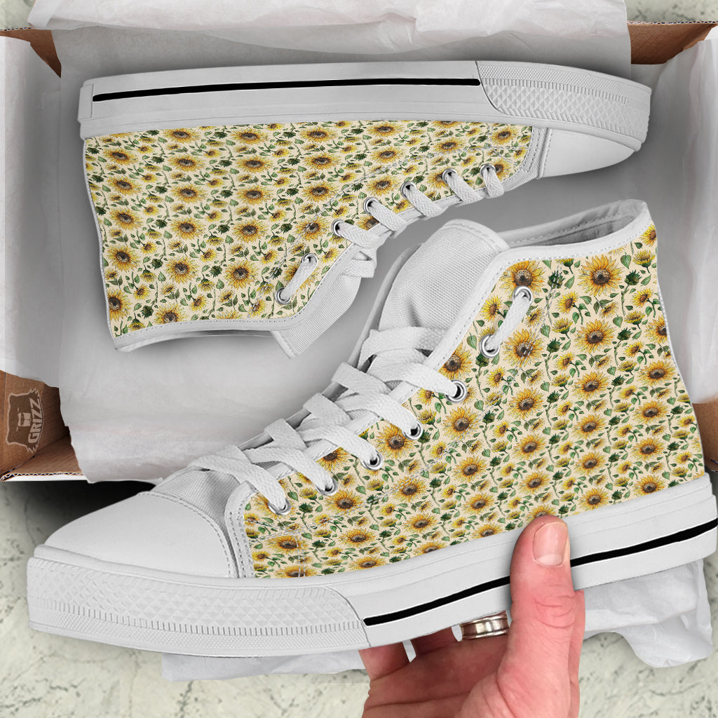 Watercolor Sunflower Beige Print Pattern White High Top Shoes-grizzshop