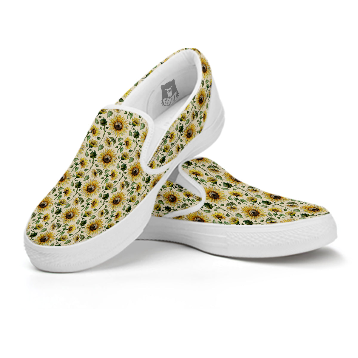 Watercolor Sunflower Beige Print Pattern White Slip On Shoes-grizzshop