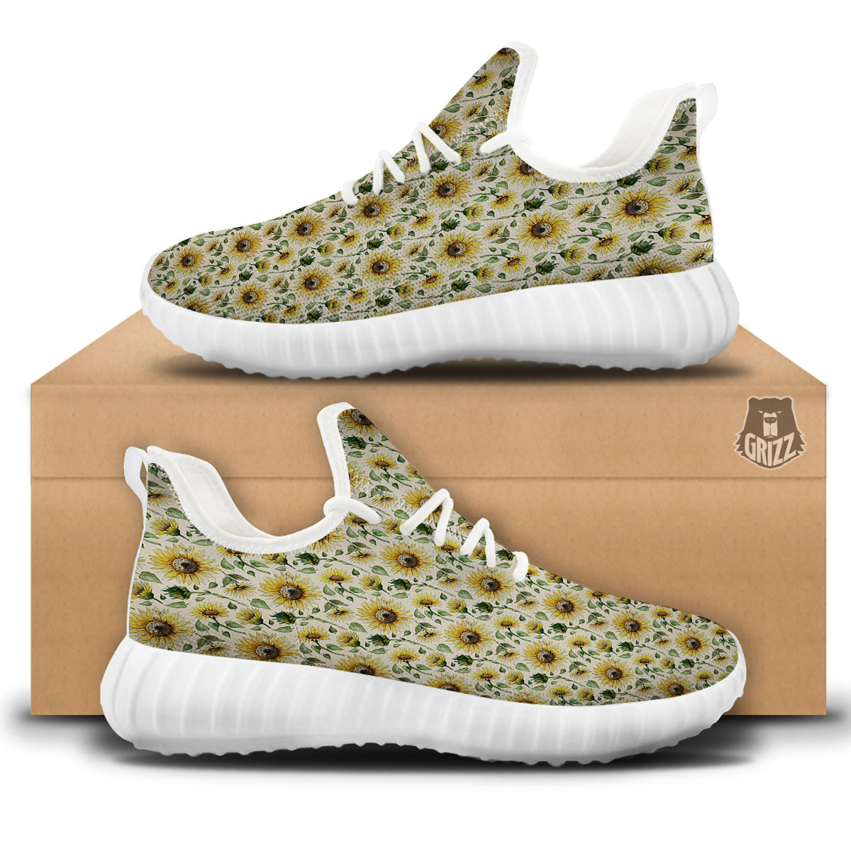 Watercolor Sunflower Beige Print Pattern White Walking Shoes-grizzshop
