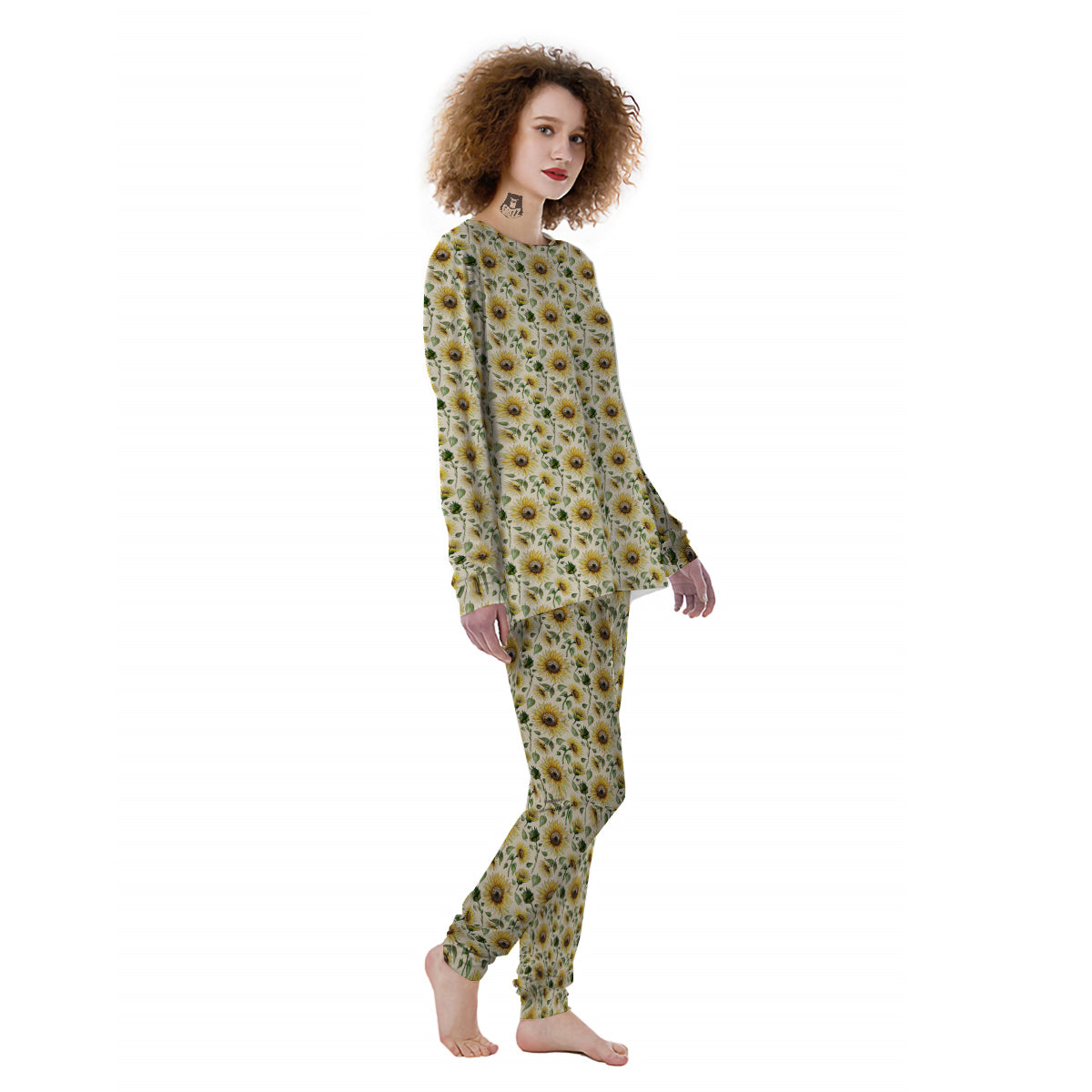 Watercolor Sunflower Beige Print Pattern Women's Pajamas-grizzshop