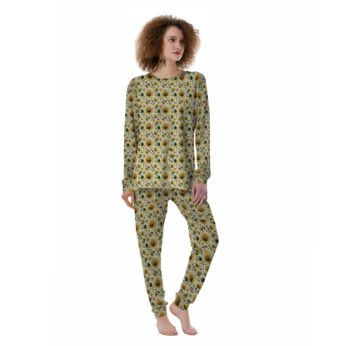 Watercolor Sunflower Beige Print Pattern Women's Pajamas-grizzshop