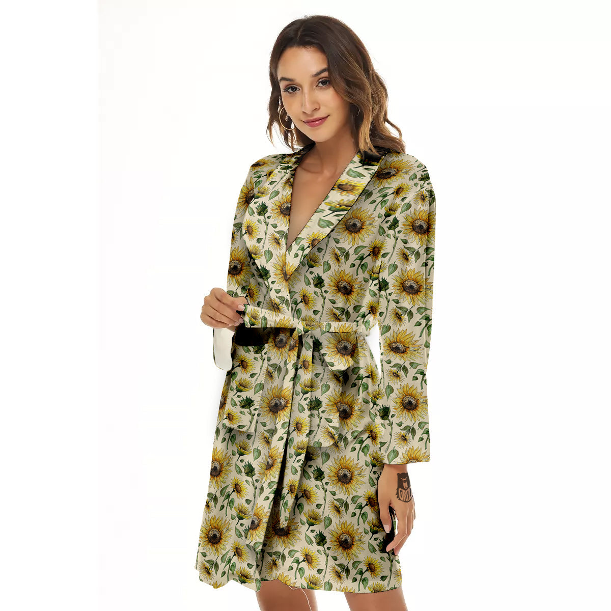 Watercolor Sunflower Beige Print Pattern Women's Robe-grizzshop