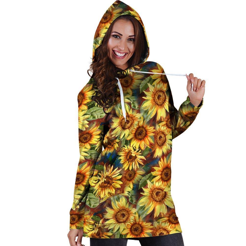 Watercolor Sunflower Hoodie Dress-grizzshop