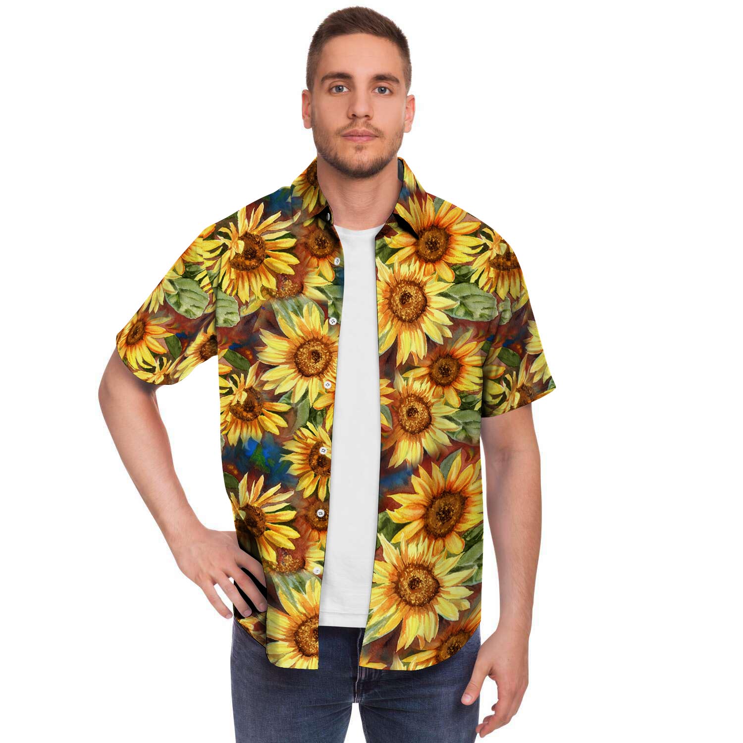 Watercolor Sunflower Men's Short Sleeve Shirt-grizzshop