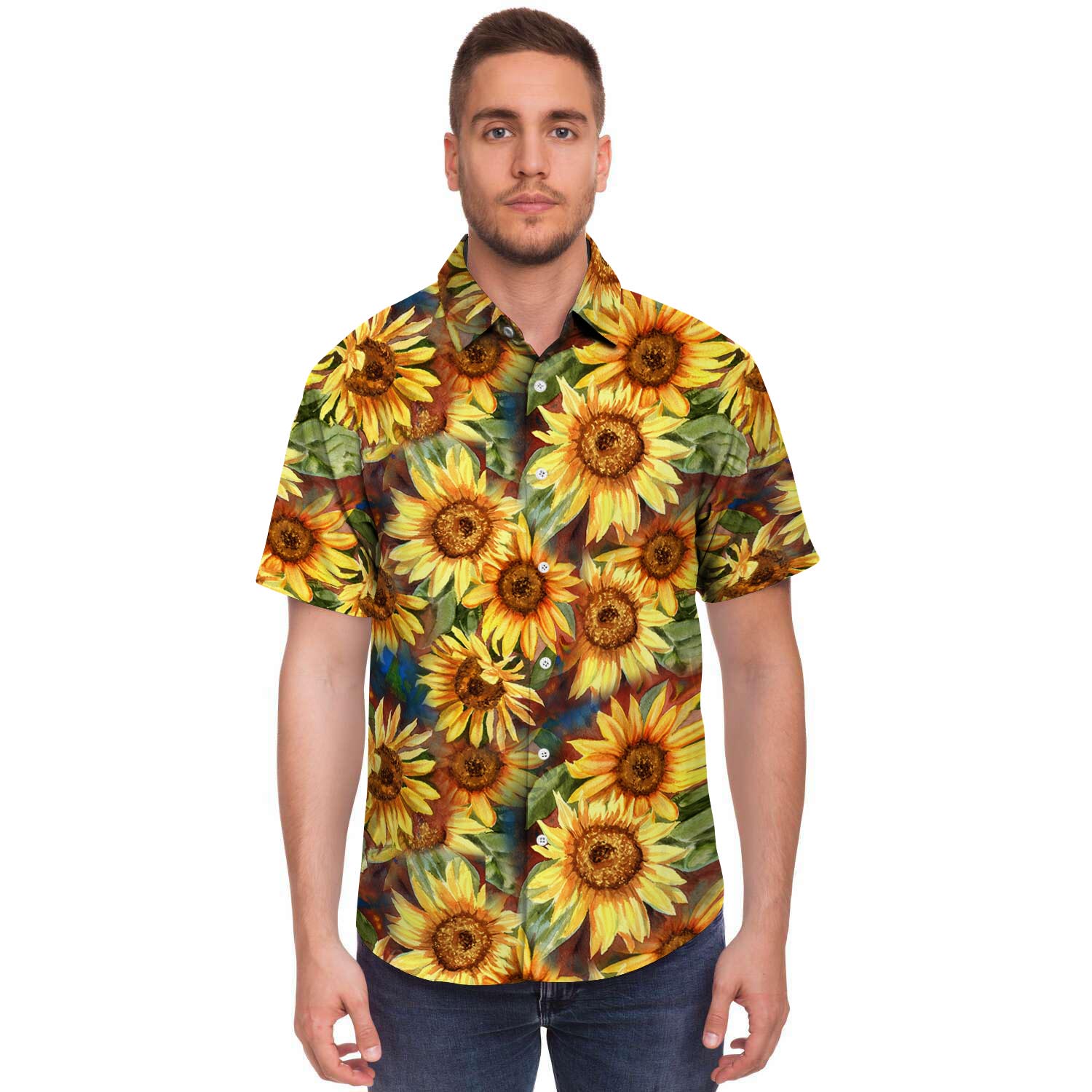 Watercolor Sunflower Men's Short Sleeve Shirt-grizzshop