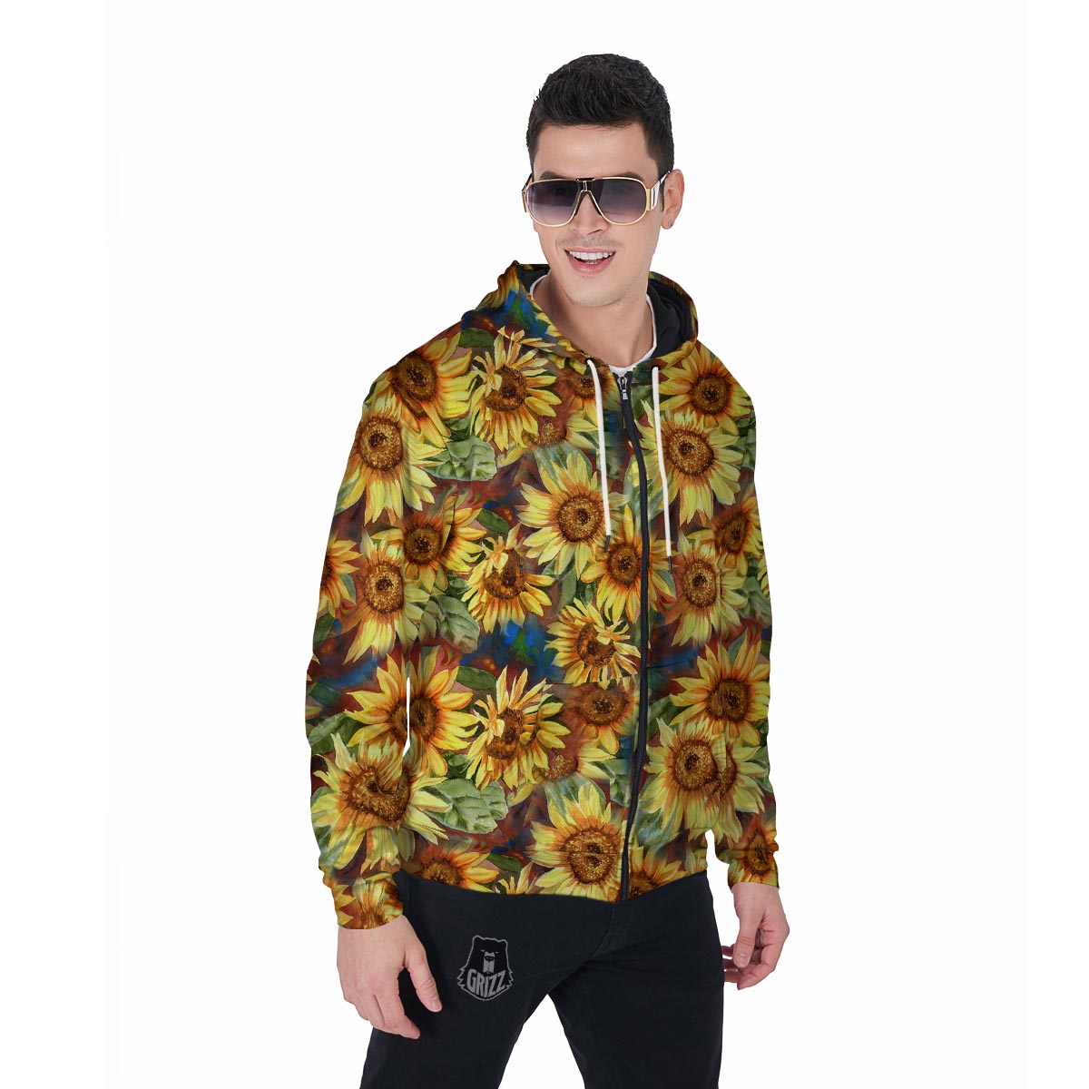 Watercolor Sunflower Men's Zip Up Hoodie-grizzshop