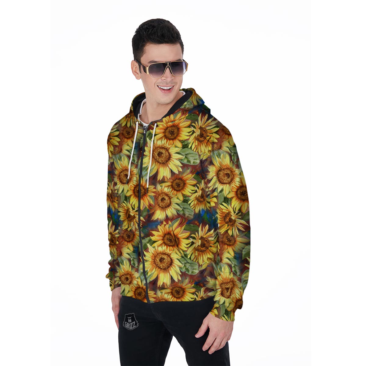 Watercolor Sunflower Men's Zip Up Hoodie-grizzshop