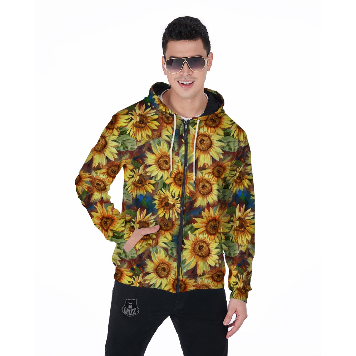 Watercolor Sunflower Men's Zip Up Hoodie-grizzshop