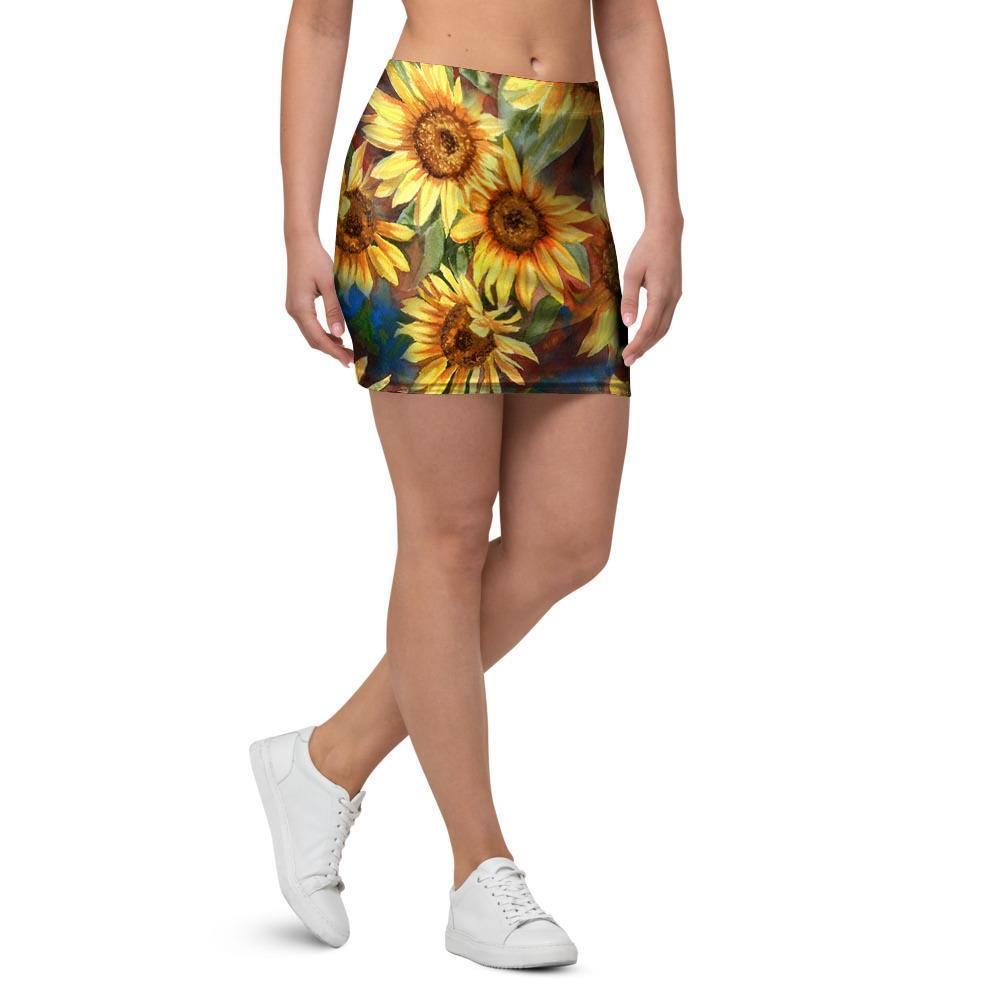 Watercolor Sunflower Mini Skirt-grizzshop