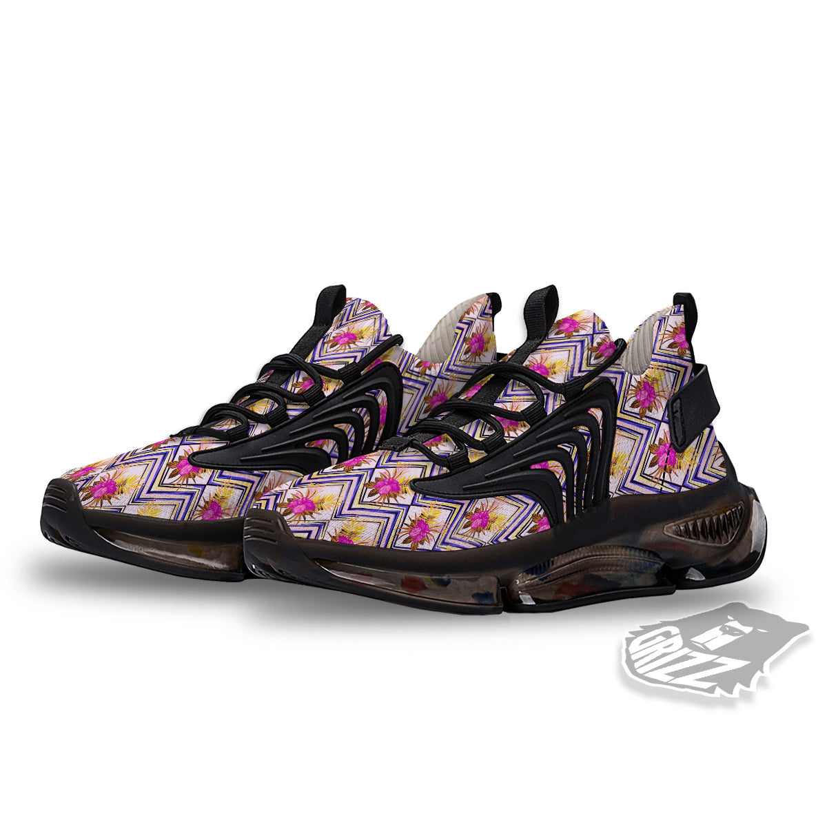 Watercolor Tropical Flower Zigzag Print Pattern Black Gym Shoes-grizzshop
