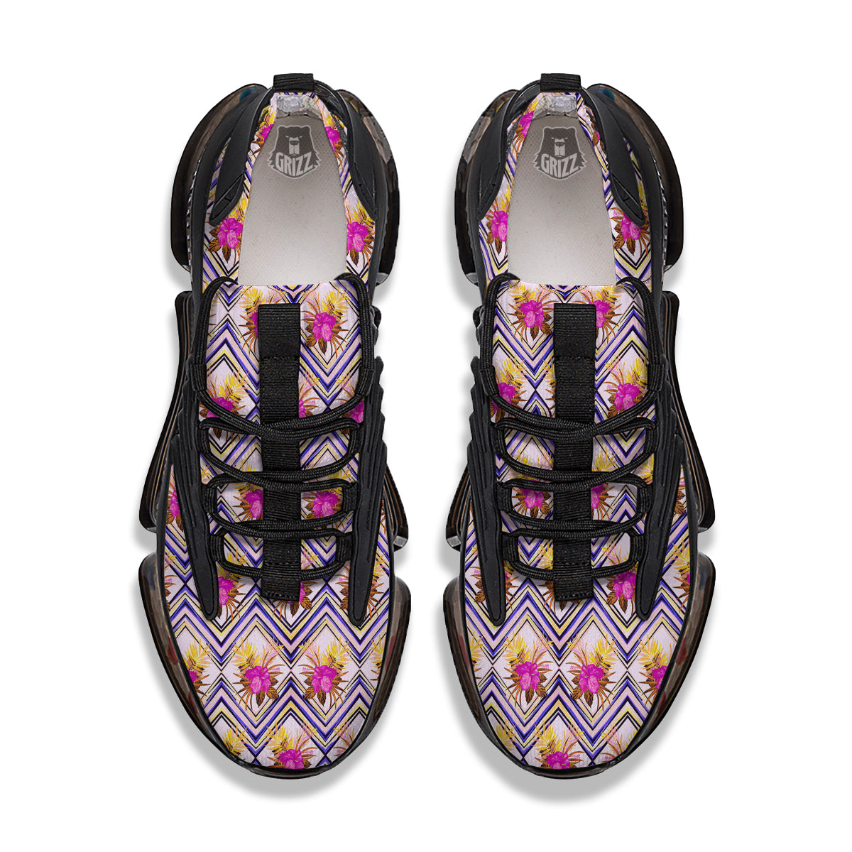 Watercolor Tropical Flower Zigzag Print Pattern Black Gym Shoes-grizzshop