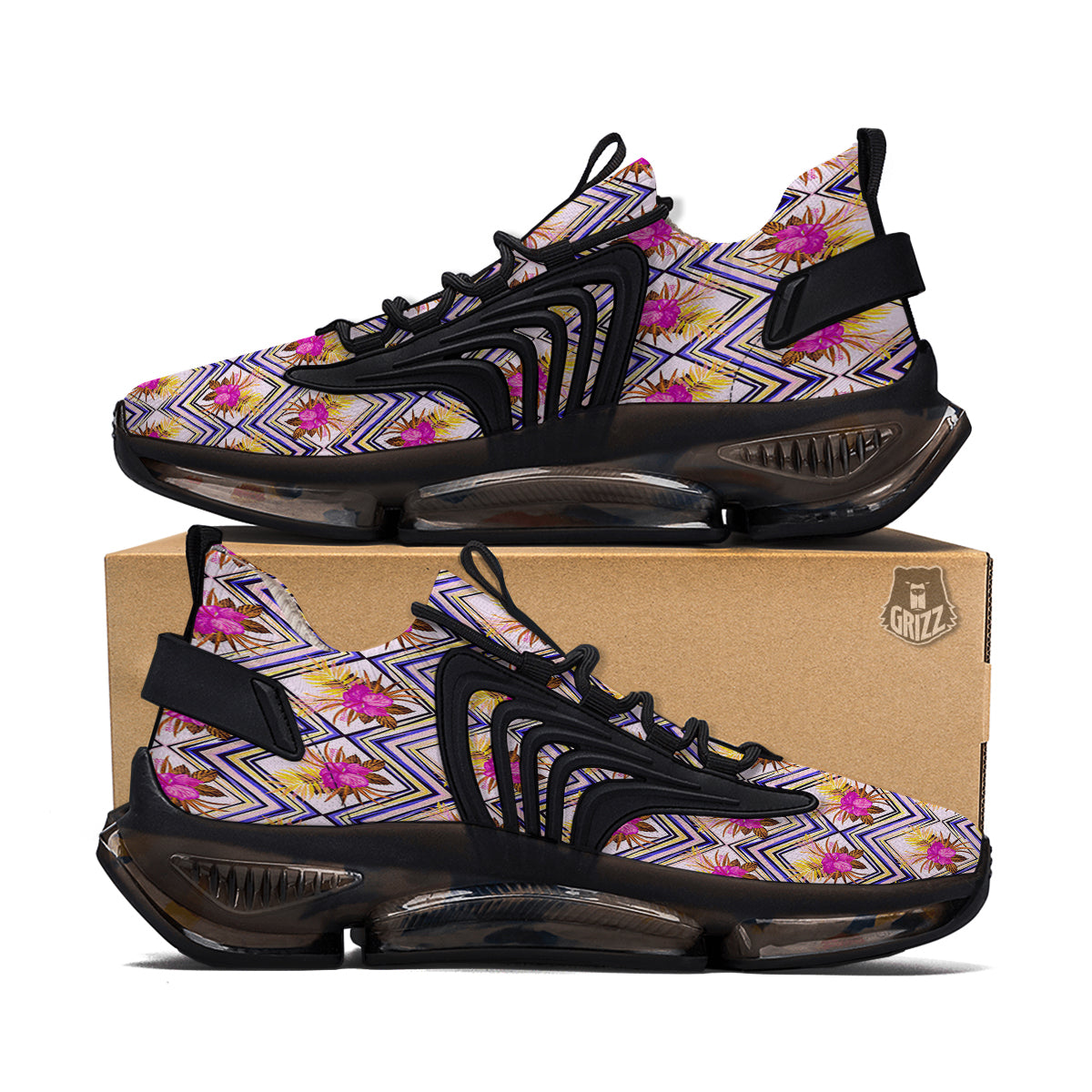 Watercolor Tropical Flower Zigzag Print Pattern Black Gym Shoes-grizzshop