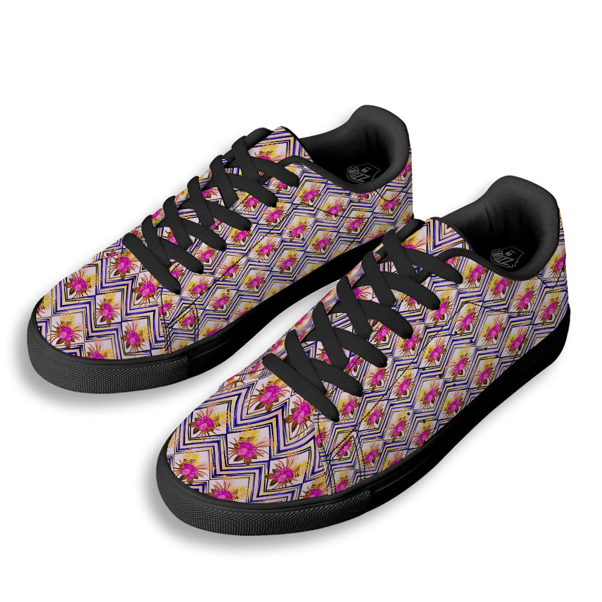Watercolor Tropical Flower Zigzag Print Pattern Black Low Top Sneakers-grizzshop