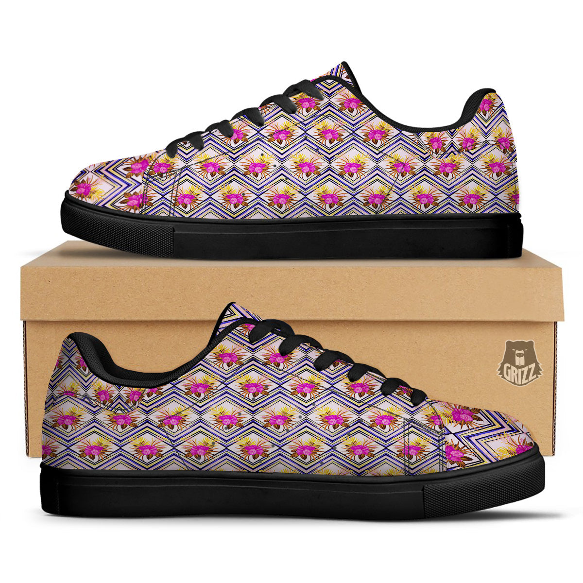 Watercolor Tropical Flower Zigzag Print Pattern Black Low Top Sneakers-grizzshop