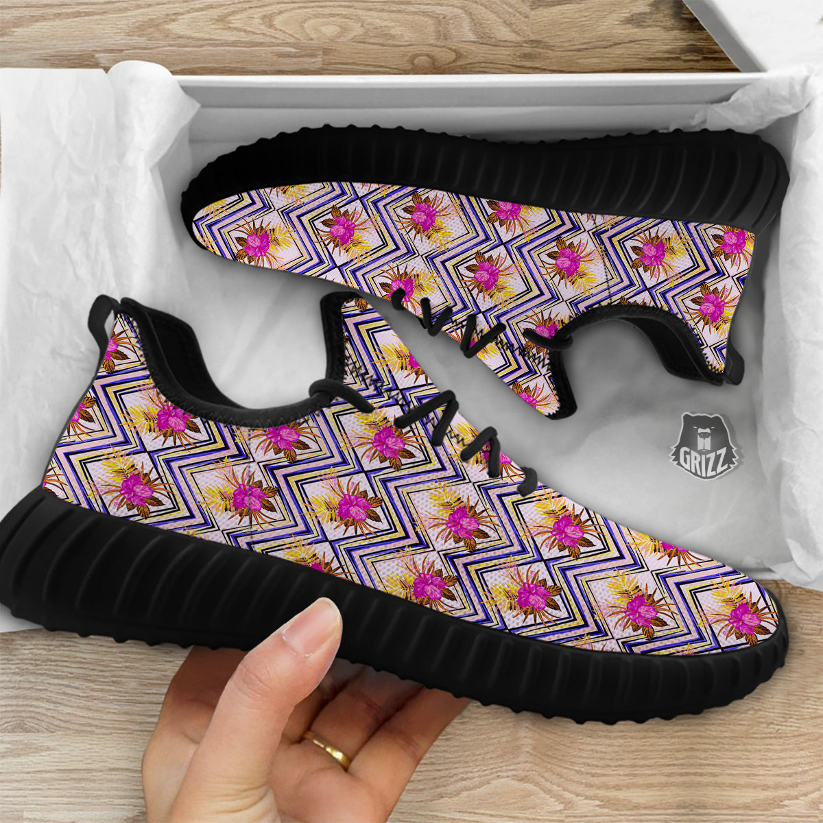 Watercolor Tropical Flower Zigzag Print Pattern Black Walking Shoes-grizzshop