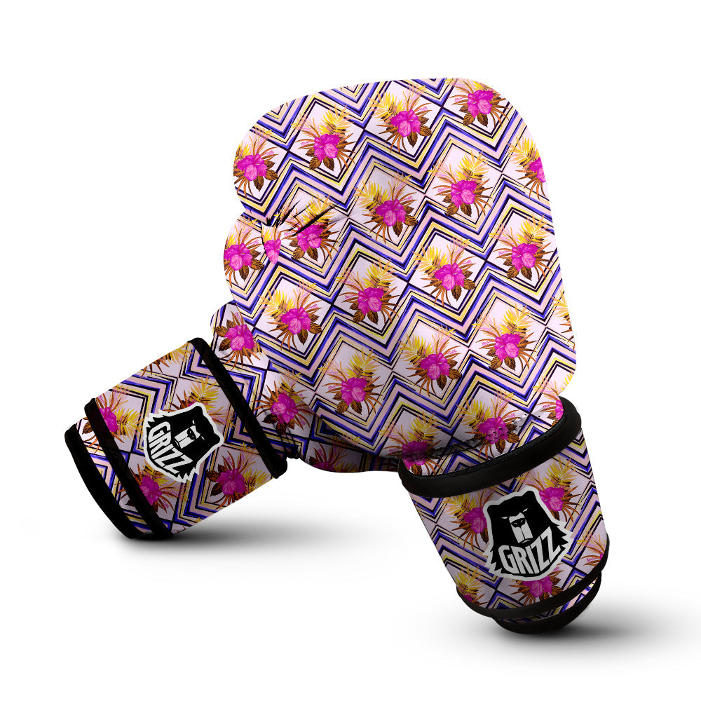 Watercolor Tropical Flower Zigzag Print Pattern Boxing Gloves-grizzshop