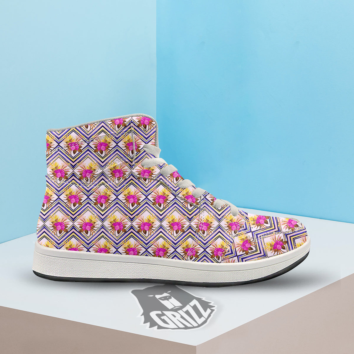 Watercolor Tropical Flower Zigzag Print Pattern High Top Sneakers-grizzshop