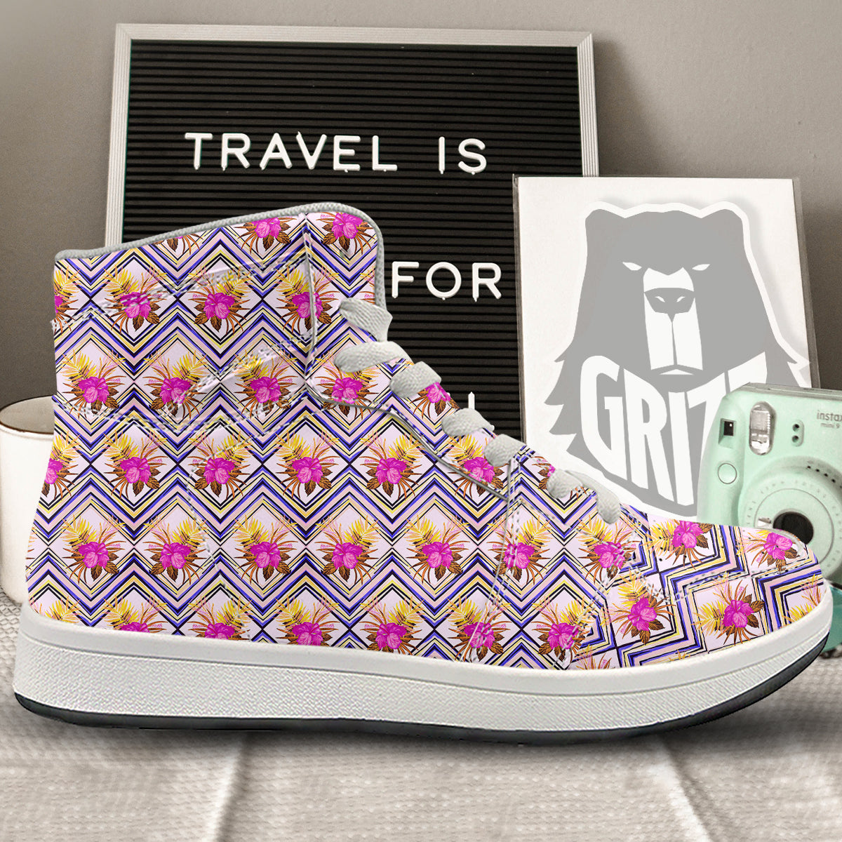 Watercolor Tropical Flower Zigzag Print Pattern High Top Sneakers-grizzshop