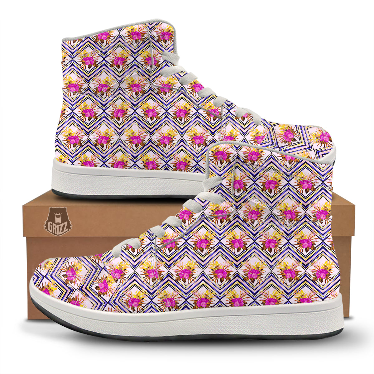 Watercolor Tropical Flower Zigzag Print Pattern High Top Sneakers-grizzshop