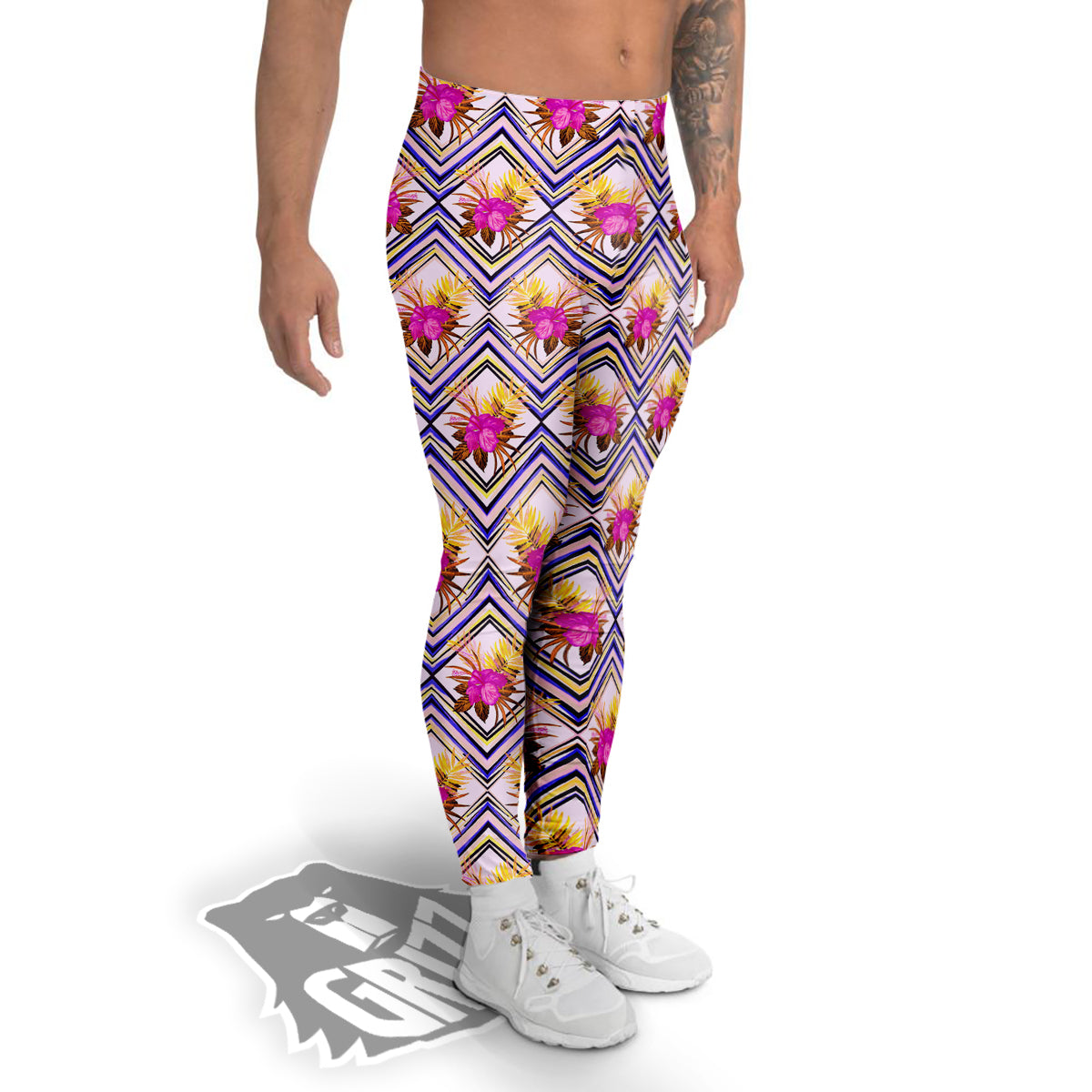 Watercolor Tropical Flower Zigzag Print Pattern Men's Leggings-grizzshop