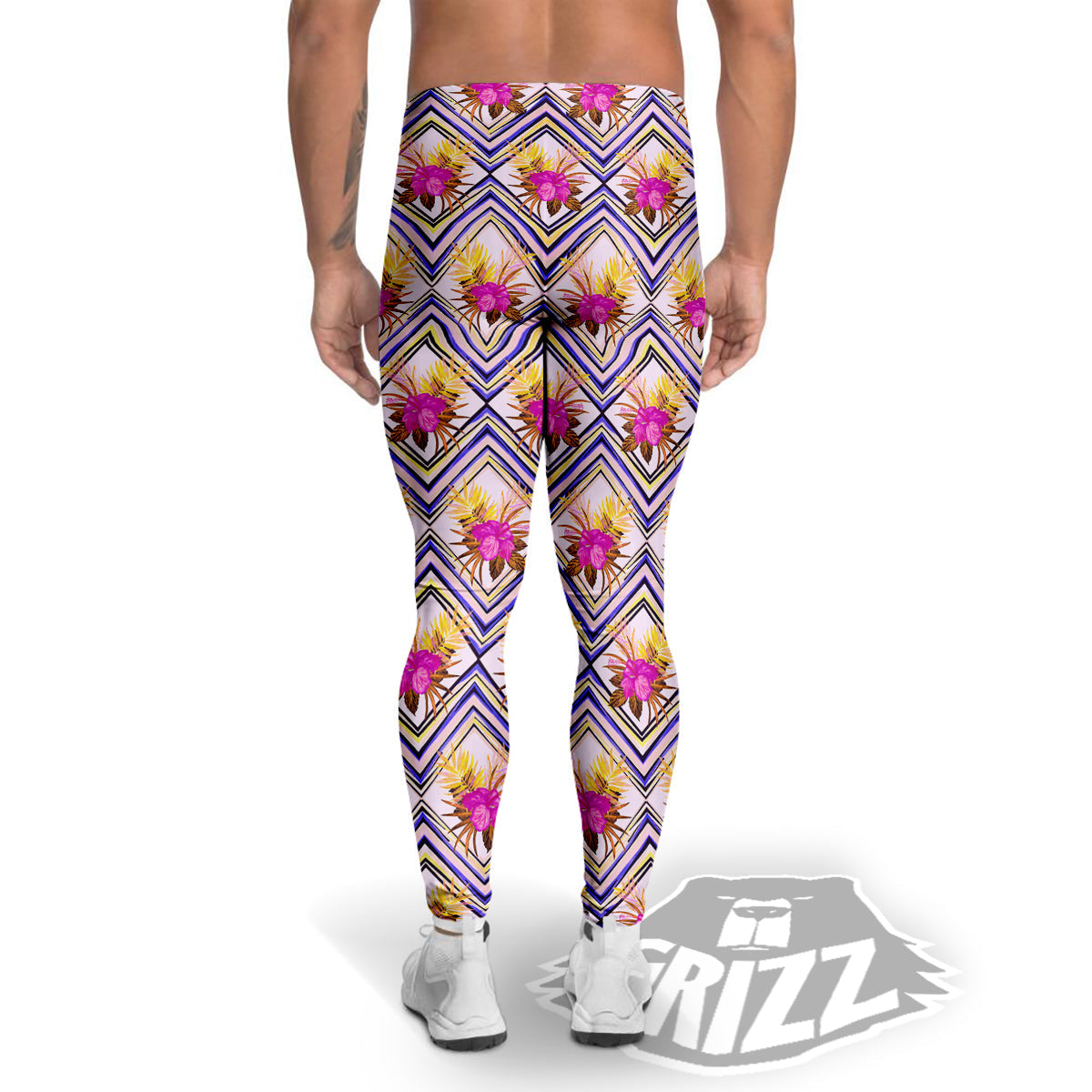 Watercolor Tropical Flower Zigzag Print Pattern Men's Leggings-grizzshop