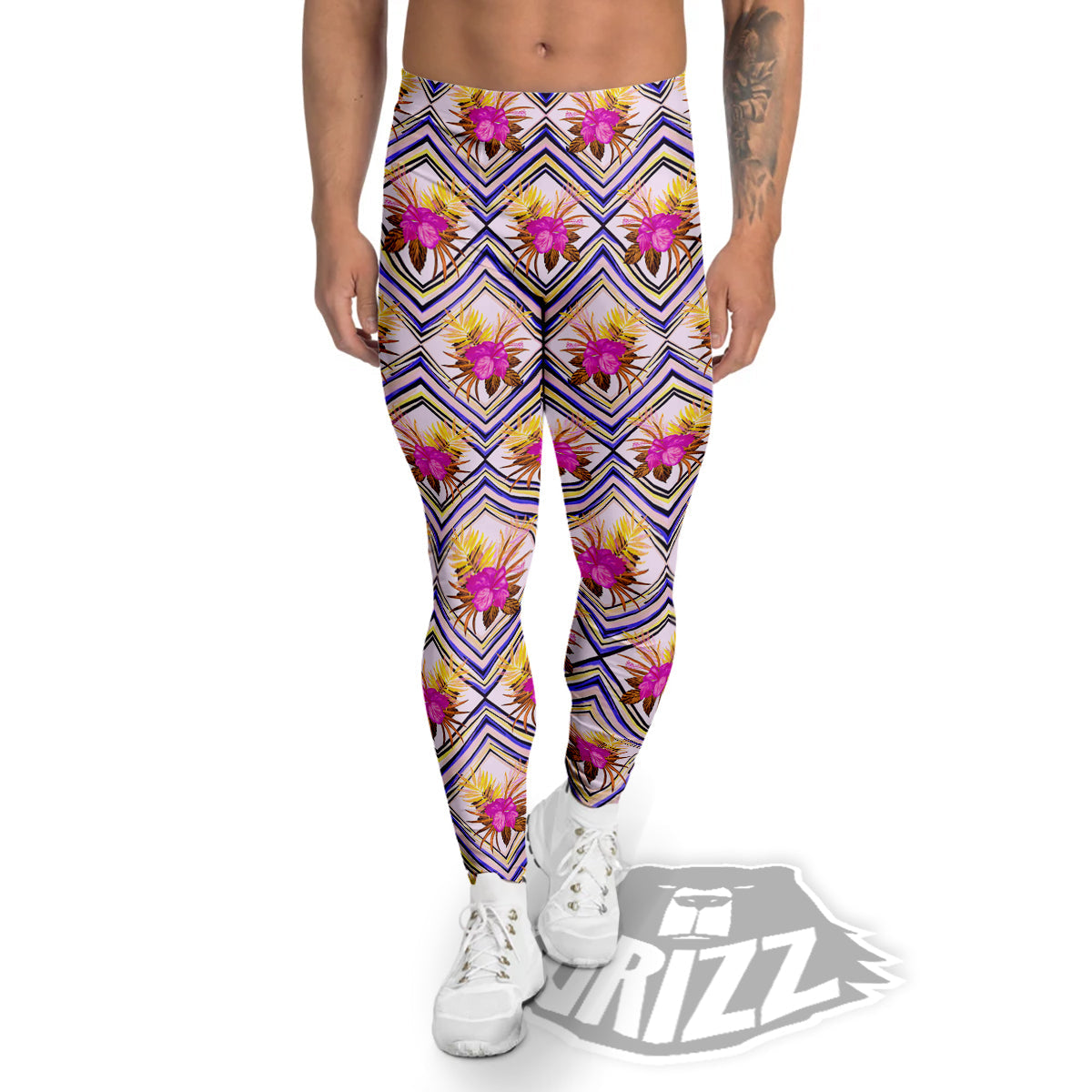 Watercolor Tropical Flower Zigzag Print Pattern Men's Leggings-grizzshop