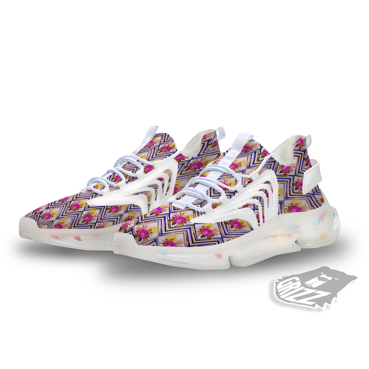 Watercolor Tropical Flower Zigzag Print Pattern White Gym Shoes-grizzshop