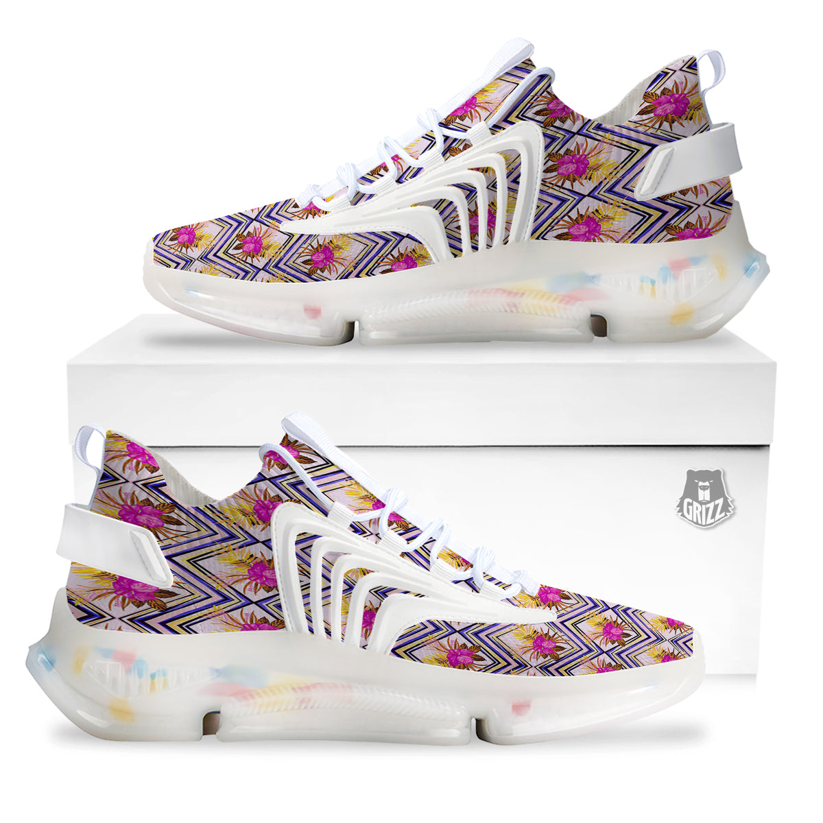 Watercolor Tropical Flower Zigzag Print Pattern White Gym Shoes-grizzshop
