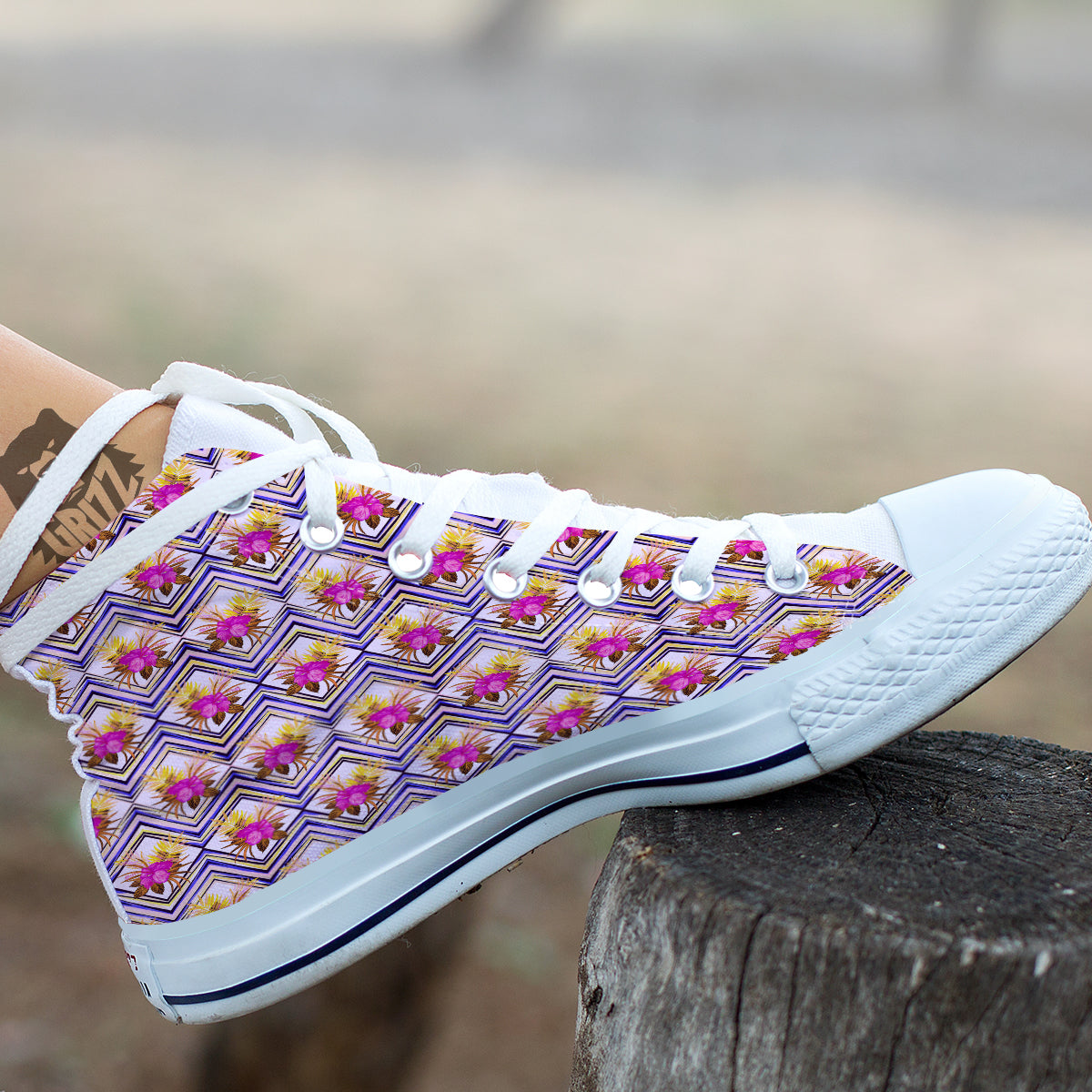 Watercolor Tropical Flower Zigzag Print Pattern White High Top Shoes-grizzshop