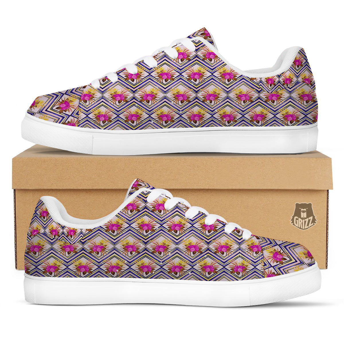 Watercolor Tropical Flower Zigzag Print Pattern White Low Top Sneakers-grizzshop