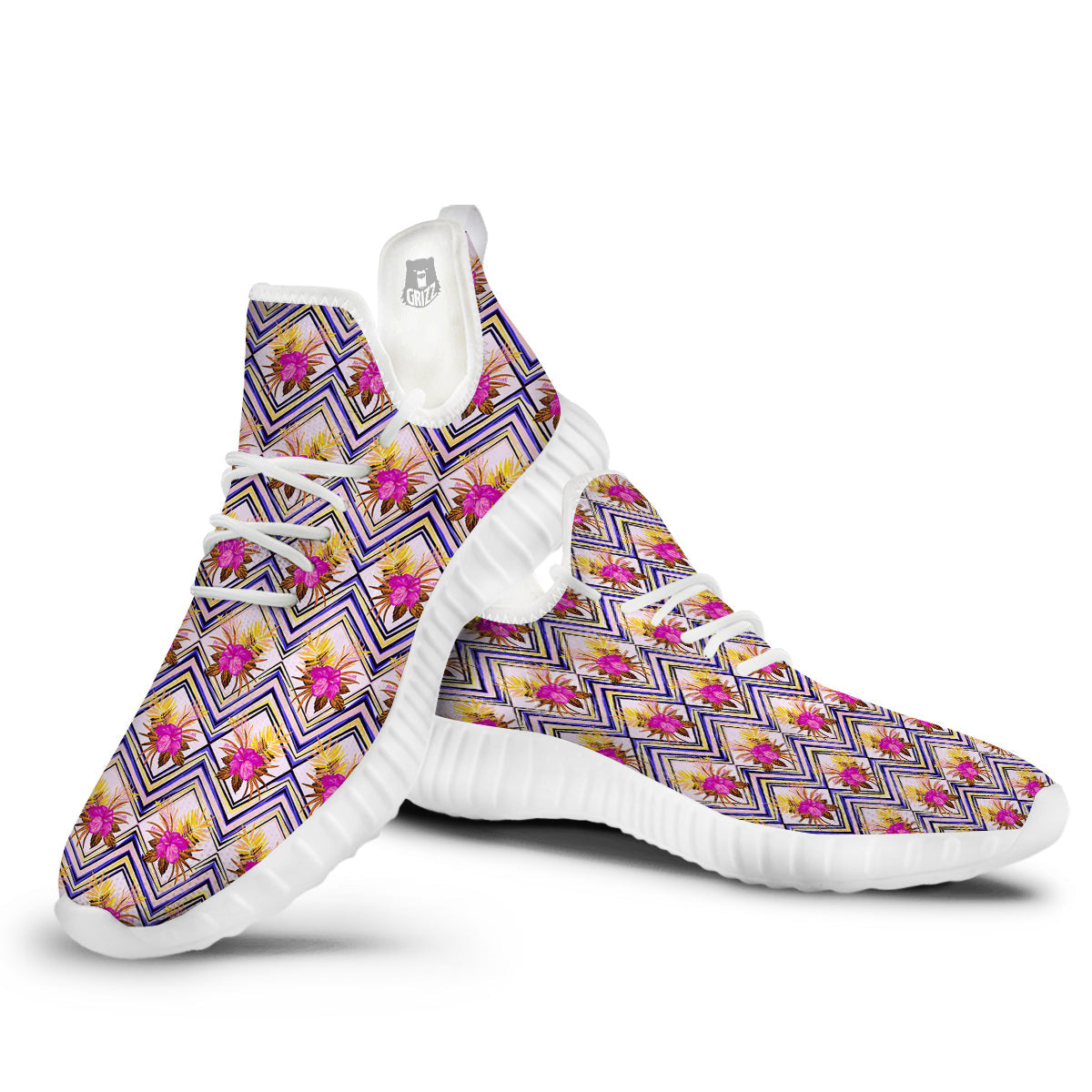 Watercolor Tropical Flower Zigzag Print Pattern White Walking Shoes-grizzshop