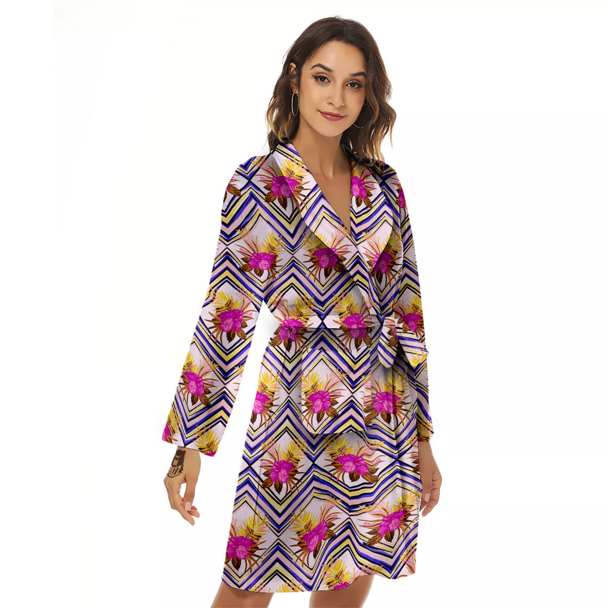 Watercolor Tropical Flower Zigzag Print Pattern Women's Robe-grizzshop