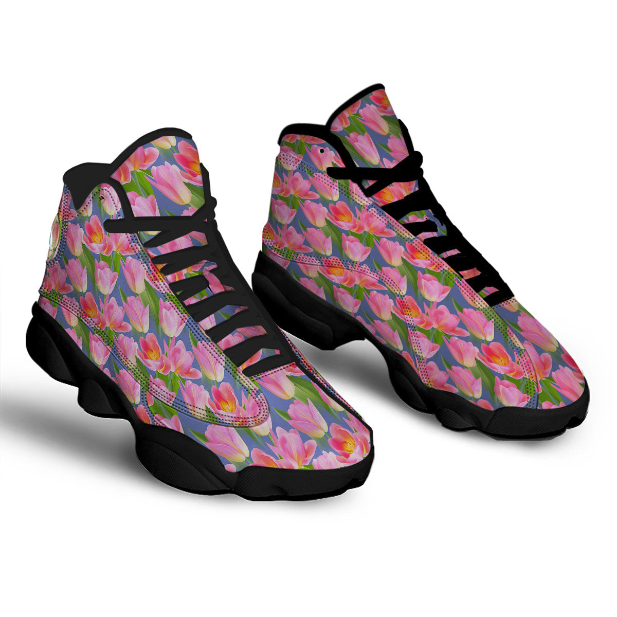 Watercolor Tulip Pink Print Pattern Black Basketball Shoes-grizzshop