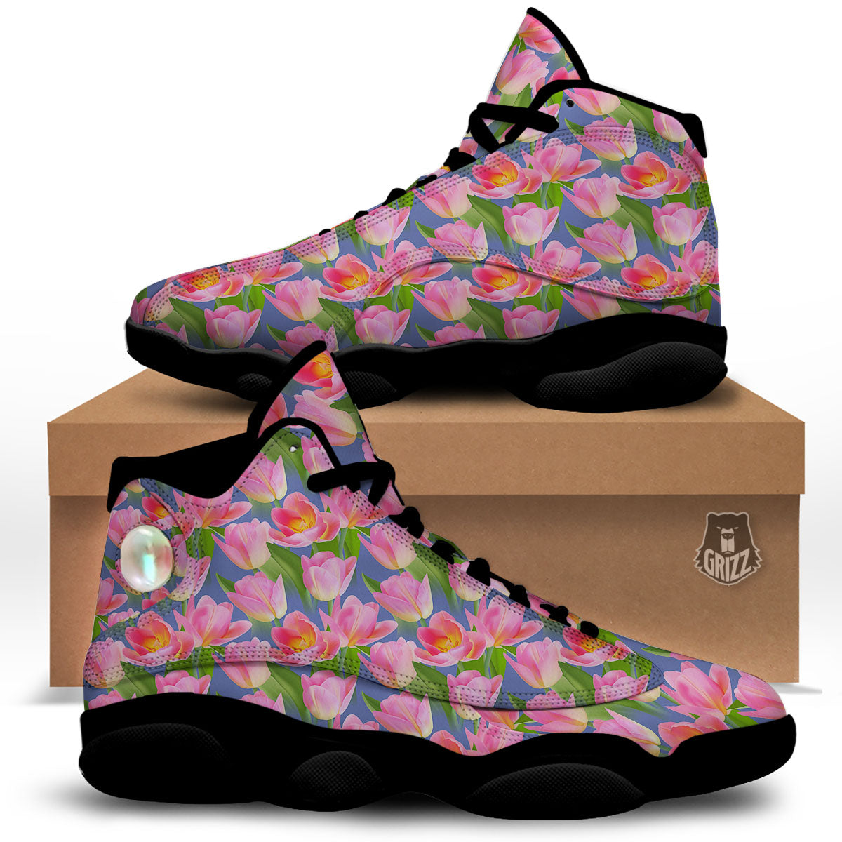 Watercolor Tulip Pink Print Pattern Black Basketball Shoes-grizzshop