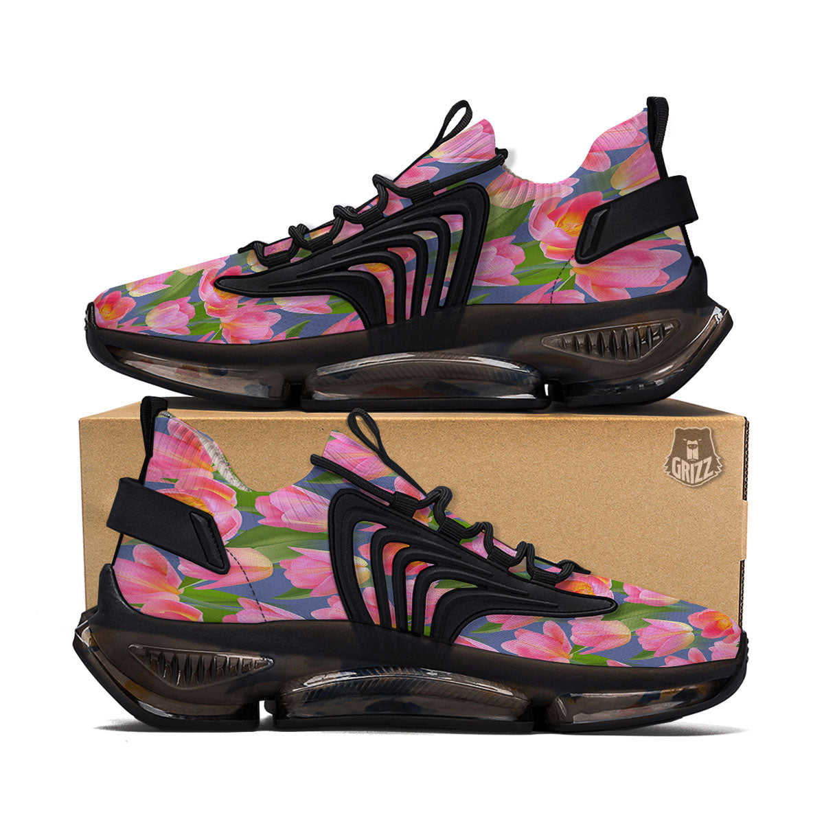 Watercolor Tulip Pink Print Pattern Black Gym Shoes-grizzshop