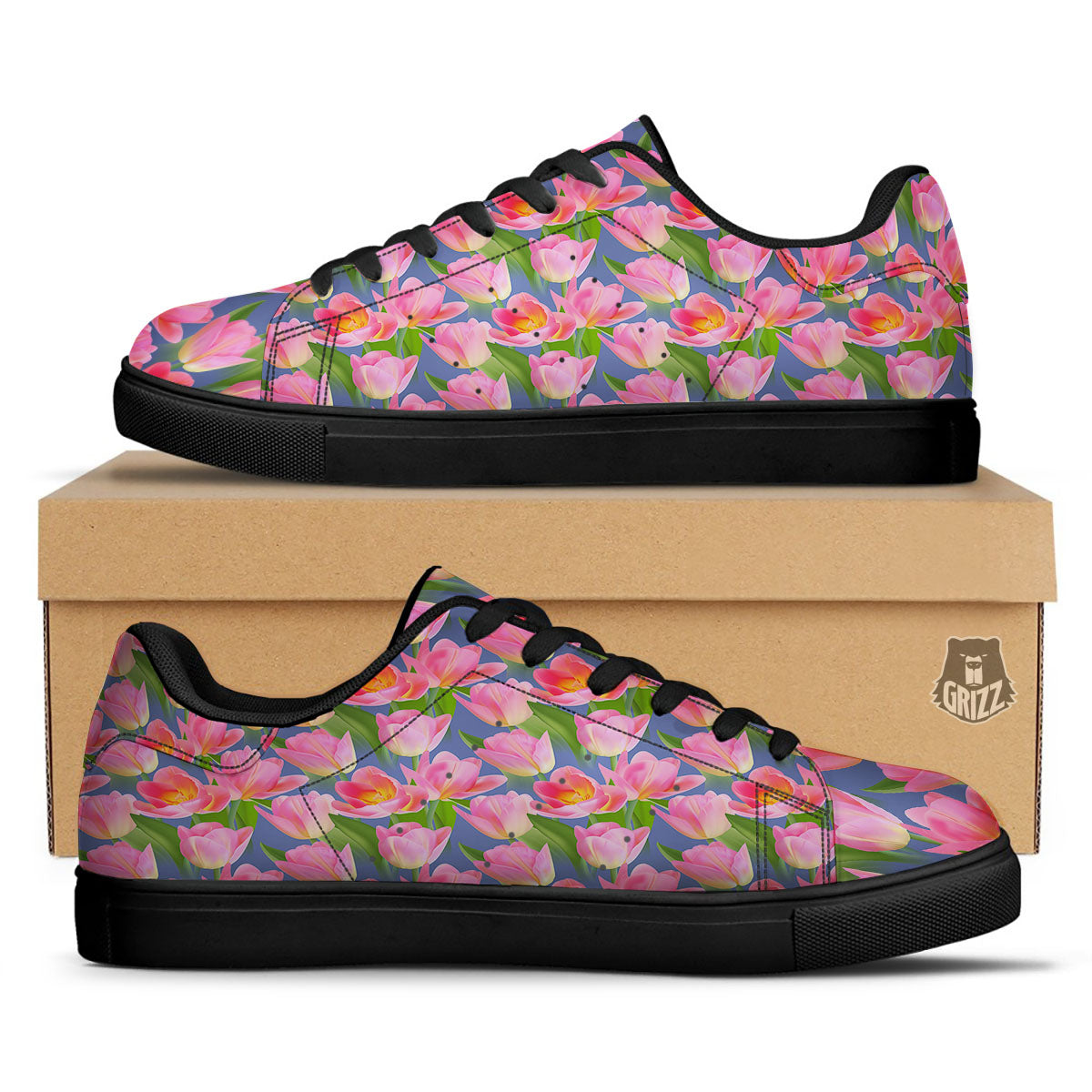 Watercolor Tulip Pink Print Pattern Black Low Top Sneakers-grizzshop