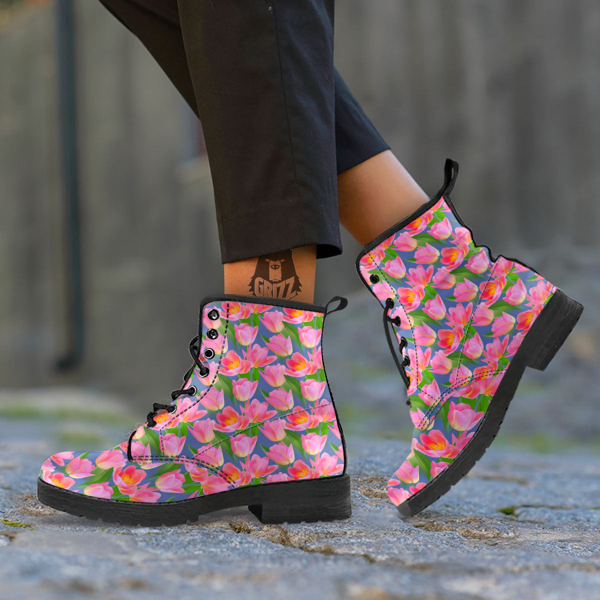 Watercolor Tulip Pink Print Pattern Leather Boots-grizzshop