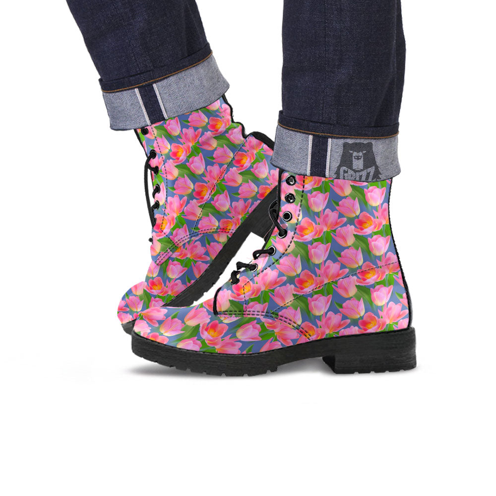 Watercolor Tulip Pink Print Pattern Leather Boots-grizzshop