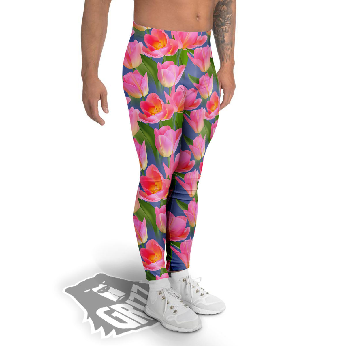 Watercolor Tulip Pink Print Pattern Men's Leggings-grizzshop